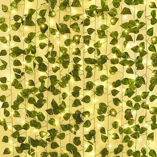 CEWOR 24 Pack 173ft Fake Ivy Vines, Artificial Ivy Garland with 200 LED String Lights, Hanging Plants Greenery Backdrop Green Leaves for Bedroom Room Wall Decor Wedding Party Table Decoration - Image 1