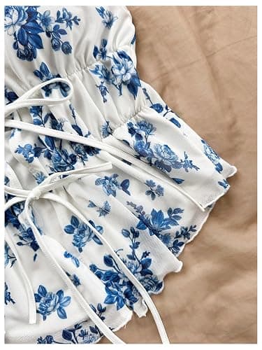 BEAUDRM Women's Boho Floral Print Halter Top Y2k Sleeveless Backless Bow Knot Ruffle Tank Tops Blue Small thumbnail 6