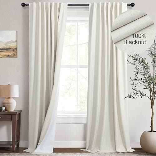 Cream Linen Blend Blackout Curtains 84 Inch Long 2 Panel Back Tab Thermal Insulated Light Blocking Curtain for Living Room Black Out Drape for Bedroom Neutral Rustic Farmhouse 52x84 Length Ivory White - Image 1