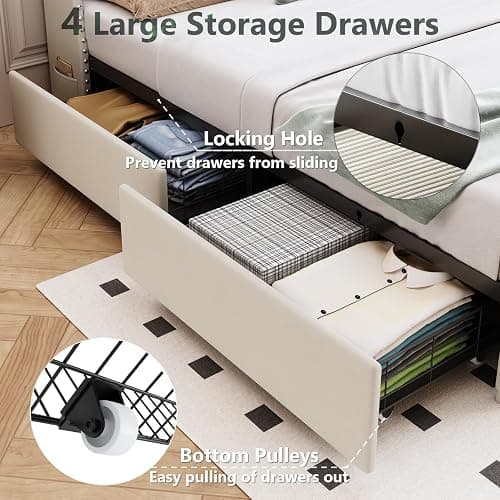 Queen Size Bed Frame with 4 Drawers and Storage Headboard, Upholstered Button Tufted Platform Bed Queen with Led Lights and Charging Station, No Box Spring Needed, Easy Assembly, Noise Free, Beige thumbnail 4