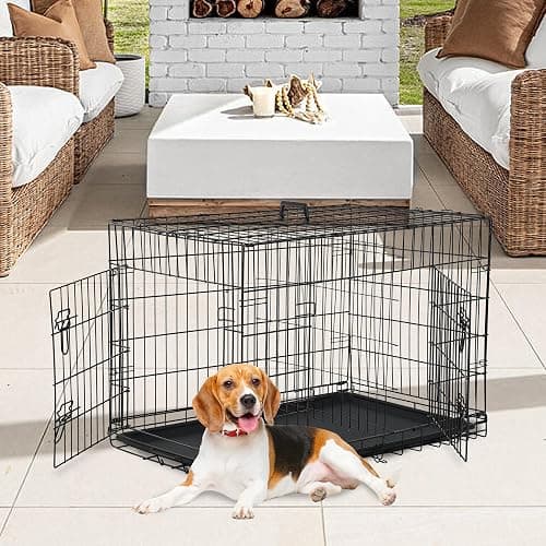 FDW | 36" Foldable Metal Dog Crate | Black | Cage for Medium Dogs | Heavy Duty, Portable Wire Kennel with Double Door, Divider & Leak-Proof Tray | For Training, Home, Travel Indoor/Outdoor Use thumbnail 2