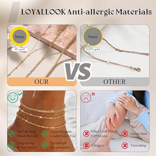 LOYALLOOK Ankle Bracelets for Women Waterproof, 14K Gold Plated Cuban Figaro Link Chain Beaded Anklets Set, Dainty Layered Anklets for Women Non Tarnish Summer Beach Foot Jewelry Adjustable Size thumbnail 5