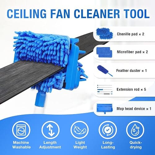 Ceiling Fan Cleaner Duster with 72" Extension Pole & 4 Reusable Pads, High Ceiling Fan Blade Cleaning Tool, Flexible Microfiber Duster for Baseboard,Blinds,Cobwebs,Floor, -Lightweight & Washable thumbnail 4