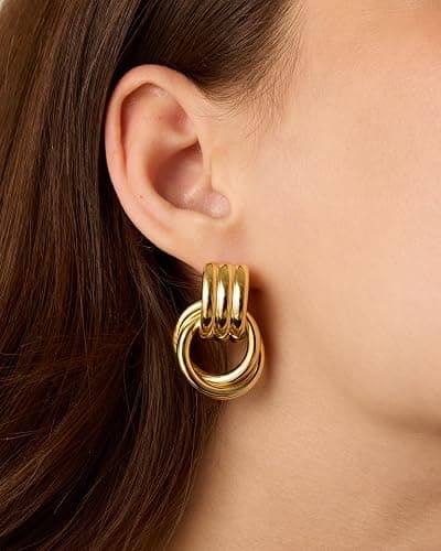 PAVOI 14K Gold Plated Door Knocker Statement Earrings for Women - Chunky Gold Earrings for Women - Trendy Mixed Metals Bold Knot Drop Dangle Jewelry thumbnail 2