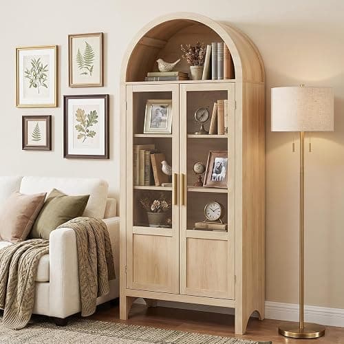 VATROS 71" Tall Arched Storage Cabinet with 2 Doors and 5 Shelves, Modern Pantry Cabinet with Transparent Doors, Floor Cabinet for Living Room, Kitchen, Dining Room, Bathroom, Nature Wood thumbnail 7
