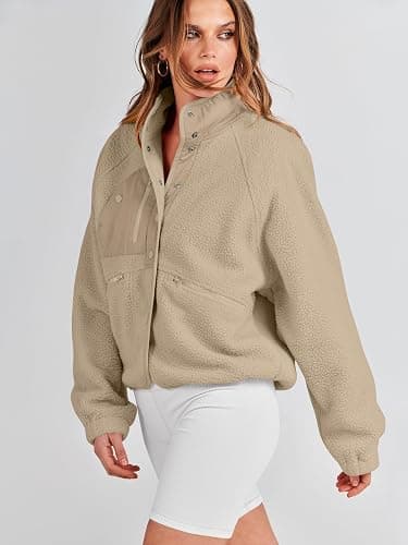 ANRABESS Womens Fuzzy Fleece Jacket Fall Casual Long Sleeve Cropped Sherpa Button Down Shacket Coats Outwear With Pockets thumbnail 5