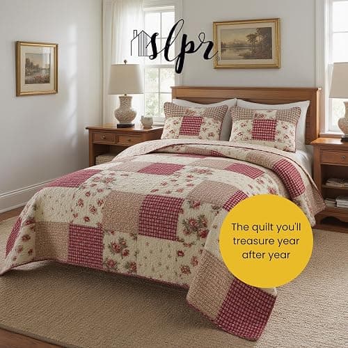 SLPR Country Roses Patchwork Cotton Pieced Quilt Set - Twin Size with 1 Sham, French Country Style Floral Bedding, Red Rose Farmhouse Quilted Bedspread with Flower Pattern thumbnail 7