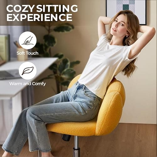 Yaheetech Boucle Upholstered Desk Chair Cloud-Shaped Vanity Chair Adjustable Home Office Computer with Rolling Wheels for Living Room, Bedroom Yellow thumbnail 9