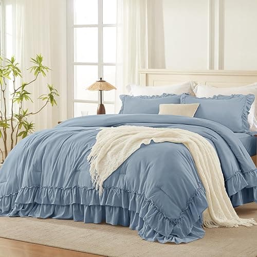 Andency Grayish Blue Comforter Set King Size, 3 Pieces Fluffy Shabby Chic Ruffle Comforter Set for Men, Women, Adults, Soft Lightweight All Season Polyester Bed Sets(104x90Inch) - Image 1
