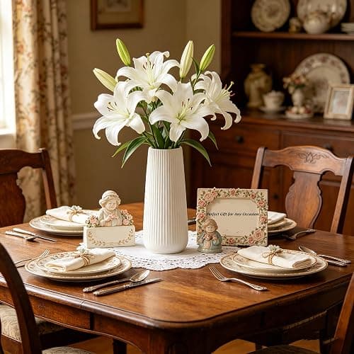 Ceramic Vase for Flower, Pampas Grass Vase, 7.8''H Ribbed Decor Vase, White | Nordic Minimalist Flower Vase, White Modern Home Office Decor Vases, For Living Room, Dining Table, Bedroom, Kitchen Shelf thumbnail 2