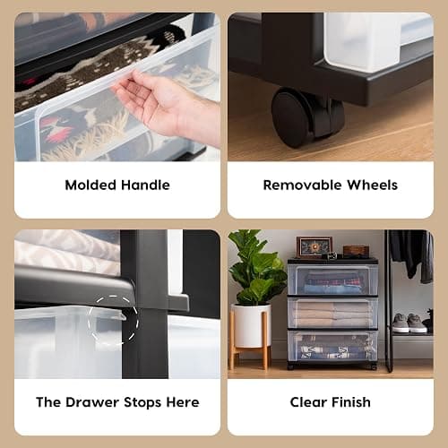 IRIS USA 3 Drawer Wide Storage Drawer Cart with Caster Wheels, Plastic Rolling Dresser for Home Closet Bedroom Bathroom Office Laundry Kitchen Craft Room Nursery and School Dorm, Black/Clear - Black - 3 Drawer thumbnail 4