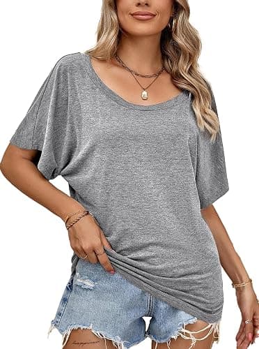 Hilinker Womens Sexy Off The Shoulder Tops Short Batwing Sleeve T Shirt Oversized Casual Tee thumbnail 2