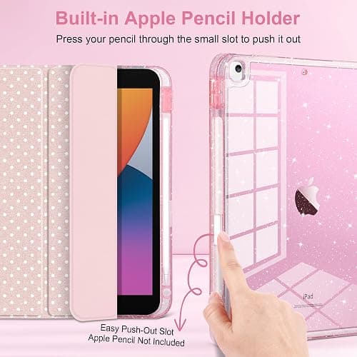 MEEgoodo Case for iPad 10.2 inch(9th Generation 2021/8th Gen 2020/7th Gen 2019), Glitter Tablet Cases with Transparent Acrylic Back+Trifold Stand+Pencil Holder+Auto Wake/Sleep,Blush Pink & Polka Dots thumbnail 3