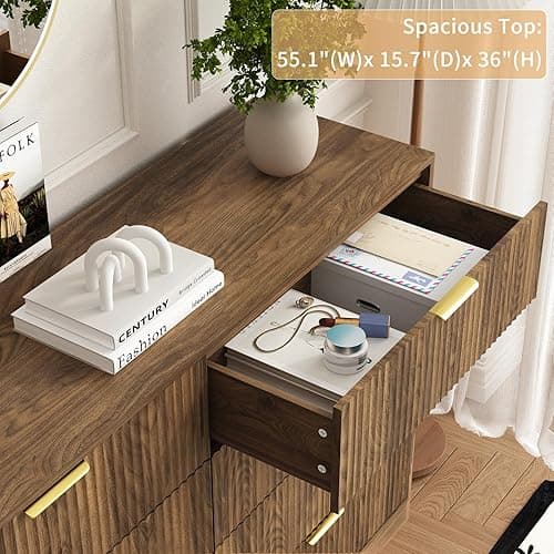 Sscaktu 8 Drawer Dresser for Bedroom, Modern Fluted Double Dresser, 55" Wide Chest of Dressers, Mid Century Wooden Beside Table for Closet, Living Room and Entryway, Natural thumbnail 5