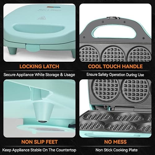 Baker's Friend Multi Mini Waffle Maker Machine, 6 x 3'' Small Waffle Iron, Perfect for Families and Individuals Use, Excellent Choice for Breakfast Brunch Parties & Events, Aqua thumbnail 6