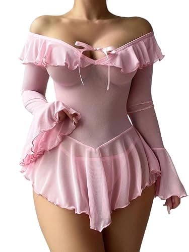 Neohouny Sexy Lingerie for Women Rave Outfits Clubwear See Through Lingerie Sets Bell Sleeve Ruffle Mesh Tops thumbnail 4