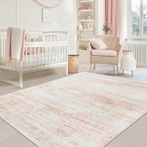 Srugn Washable Rugs 5x7 Area Rugs for Living Room,Bedroom,Dining Room- Ultra Soft Faux Wool Nursery Rug for Baby Girl,Neutral Light Pink Low Pile Vintage Carpets for Dorm Kids Playroom,Non Slip - Image 1