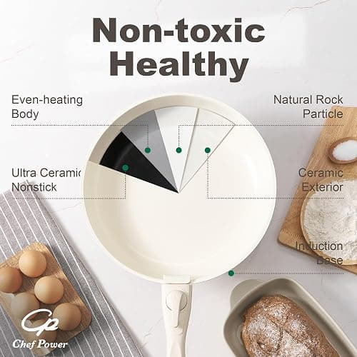 Chef Power Ceramic Cookware Set Non Toxic with Detachable Handles, Healthy Nonstick Pans and Pots Set 19 Pcs, Induction Dishwasher Oven Safe Kitchen Set, PFAS PFOA & PTFE Free, Cream White thumbnail 8