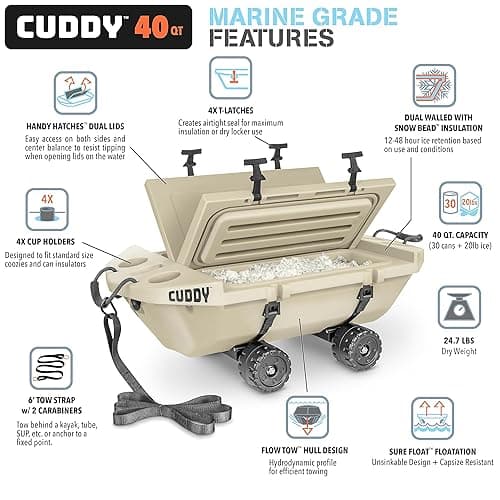 CUDDY Crawler Cooler with Wheels – 40 QT Amphibious Floating Cooler and Dry Storage Vessel - Orange, Navy, Tan, or White - Tan thumbnail 6