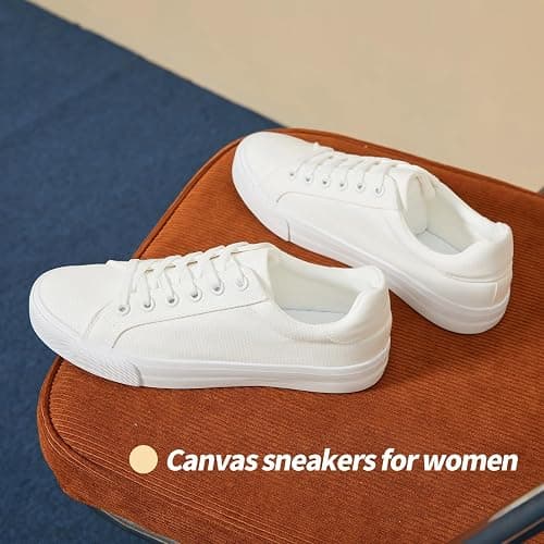 Witwatia White Canvas Sneakers for Women Lace-up Tennis Shoes Non-Slip Cozy Low Top Walking Shoes for Women thumbnail 2