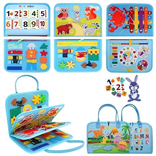 MEGRANATE Montessori Busy Board, Baby Busy Book Educational Learning Toys for Toddlers Quiet Book Activity Books Buckle Toy Fine Motor Skills Toys for 3+ Year Old Kids (Blue) - Image 1