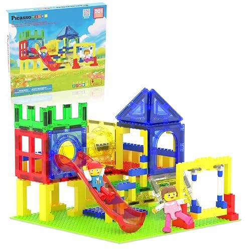 PicassoTiles Magnetic Tiles Slide & Swing Playground Building Block with 2 Character Action Figures Magnet Tile Construction Bricks Sensory Toys STEM Learning Educational Toy Kit Boy Girl Age 3+ PTQ30 - SlideSwing - Image 1