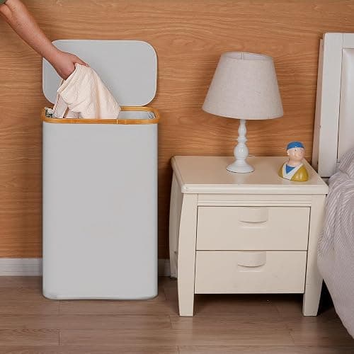 efluky Slim Laundry Basket with Lid, Narrow Laundry Hamper with Removable Bag, Skinny Dirty Clothes Basket with Bamboo Handles for Bathroom, Bedroom & Laundry Room, 75L Light Grey thumbnail 2