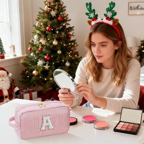 YOOLIFE Christmas Gifts for Women Teen Girls Kids Stocking Stuffers - Initial Makeup Bag Cosmetic Bag Toiletry Pouch, Personalized Birthday Gifts for Women Girls Mom Daughter Sister Friends, Pink M thumbnail 2