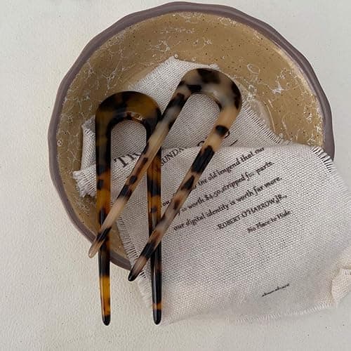 2 Pack Benefree French Style Cellulose Acetate Tortoise Shell U Shaped Hair Pins Fork 2 Prong Updo Chignon Pin for Women Girls Hairstyle Accessories（Tortoiseshell and White Tortoiseshell) thumbnail 4