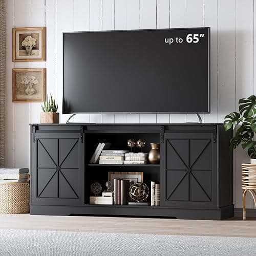 Farmhouse TV Stand for 65/60/55 Inch Tvs, Rustic Entertainment Center with Storage Cabinets & Sliding Barn Doors, Modern Media Console Table, Wood Television Furniture for Living Room, Bedroom, Black - Image 1