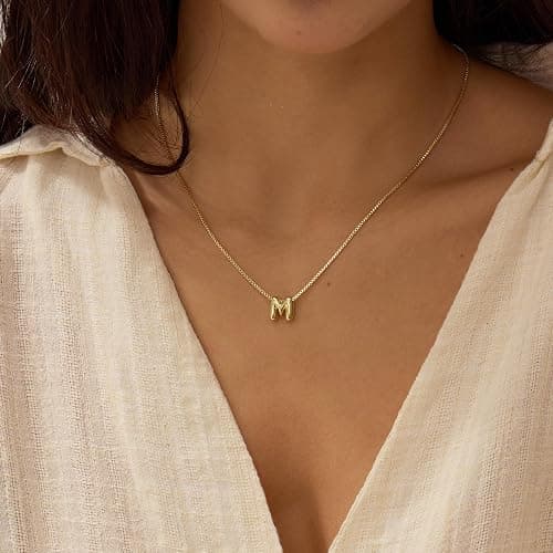 MARYLAX Bubble Letter Necklaces for Women, 14K Gold Plated Letter Necklace, Dainty Gold Initial Necklaces for Women Personalized Bubble Pendant Name Necklace, Trendy Gold Jewelry - Gold - M thumbnail 4
