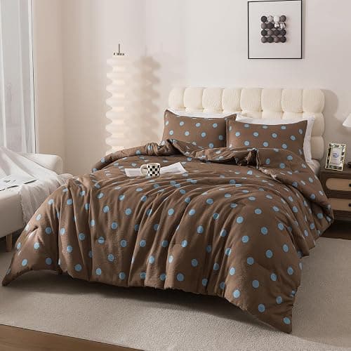 Caressma Brown Full Comforter Set with Polka Dots 3 Pieces Bedding Set | Mustard Yellow with Polka Dot Comforter Bed Set, Cozy Washed Seersucker Comforter Set with Pillowshams thumbnail 8