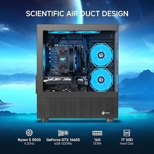 NINGMEI Prebuilt Gaming PC,AMD Ryzen 5 5500 GTX 1660 Super 6GB GDDR6 | 16GB DDR4 RAM 1TB Gen4 NVMe M.2 SSD,650W PSU WiFi Ready & Windows 11 Home Gaming Desktop Computer Black thumbnail 4