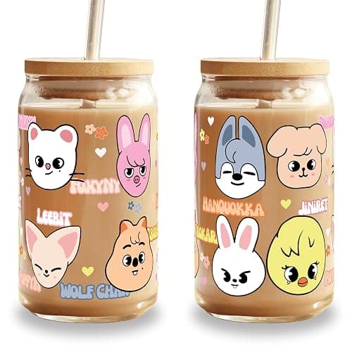 Sip-Sip Hooray! Skzoo Kpop Glass Tumbler with Lid and Straw, 16oz Iced Coffee Cup, Stray Kids Merch, Reusable Glass Cup, Cute Soda Can Lids with Straw, Gift for Fans and Teens - Image 1
