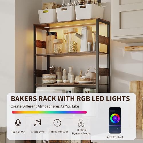 Amenitlif Kitchen Pantry Cabinet with LED Lights & Power Outlet, 66.9" H Kitchen Bakers Rack with Storage Shelves, Bar Cabinet with Glass Doors for Dining Room, Living Room, Hallway thumbnail 4