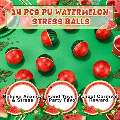 Teyva Daily 24 Pcs Watermelon Stress Balls Bulk 2.5 Inch Mini Foam Watermelon Squeeze Balls Stress Relieve Fidget Toy Decoration One in a Melon for Summer Fruit Birthday Pool Celebration Favors thumbnail 4