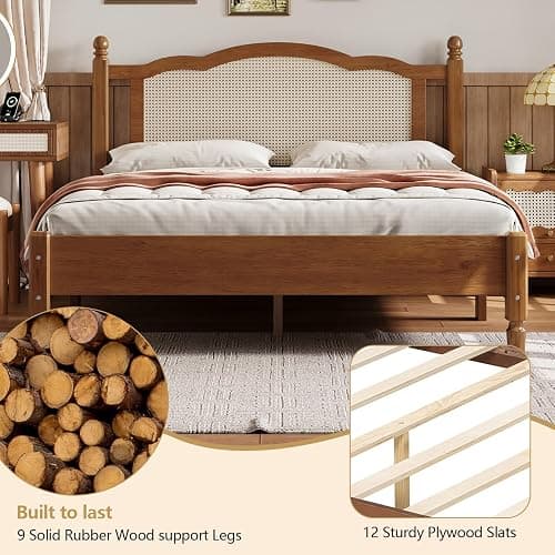 Anwick Queen Size Boho Rattan Bed Frame with Headboard, Noise-Free | Walnut Wooden Platform Bed Wooden Slat Support Silent, Vintage Bedframe , No Box Spring Needed thumbnail 3