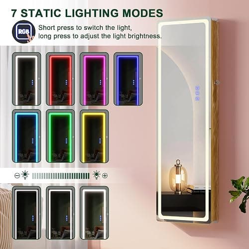 HNEBC LED Mirror Jewelry Cabinet with RGB Lights,47.2" Wall Mounted Jewelry Organizer with Full-Length Mirror,Over The Door Hanging Jewelry Armoire Storage Cabinet,Folding Dresser,2 Drawers,Lockable thumbnail 4