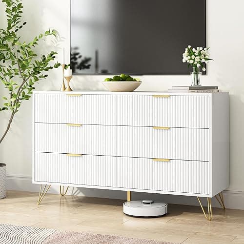 BAZELOR White 6 Drawer Dresser with Golden Handle, Fluted Wood Dressers, Modern Chest for Bedroom, Living Room, Hallway, Entryway thumbnail 4