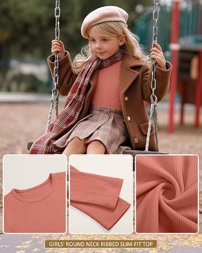 LessonZoo 3 Pack Girls Long Sleeve Shirts Ribbed Knit Cotton Layering Tops Slim Fit Crewneck Casual Undershirts thumbnail 5