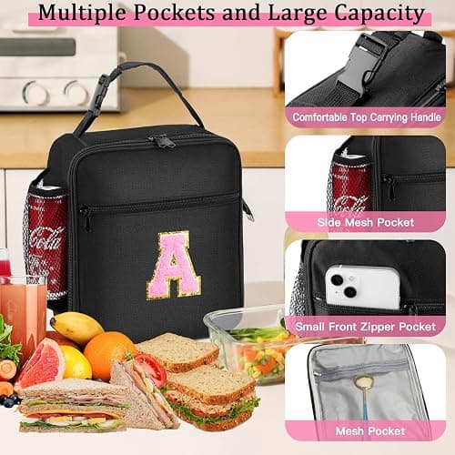 Initial Insulated Lunch Bag, Lunch Box with Initial Letter Patch for Teen Adult, Reusable Lunch Bag for Men Women, Ideal Back to School Gift Back to School Gift Birthday Gift, Pink A thumbnail 5