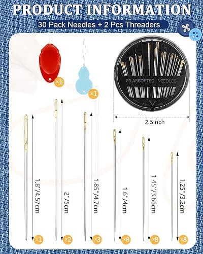 FIVEIZERO 30-Count Steel Needles for Hand Sewing, 6 Sizes Large Eye Embroidery and Hand Quilting Needles Kit with Threaders for Art & Craft Projects thumbnail 2