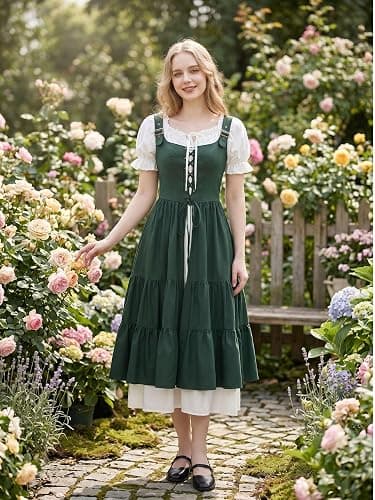 Nuoqi Renaissance Costume Women Medieval Peasant Dress Short Sleeve Chemise with Corset Overdress thumbnail 7