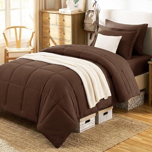 CozyLux Twin XL Comforter Set Brown - 5 Pieces Twin XL Bed in a Bag, Oeko-Tex Certified Bedding Set, All Season Soft Bed Set with Down Alternative Comforter, Sheets, Pillowcase & Sham - Image 1