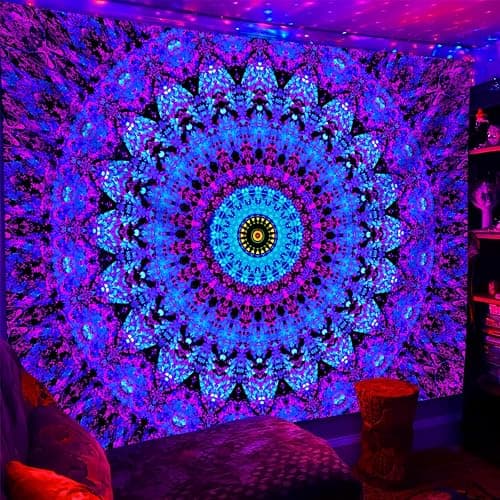 PSYHILAR Blacklight Mandala Boho Tapestry, Black Light Bohemian Hippie Poster for Adults and Teens, UV Reactive Aesthetic Wall Art Decor for Bedroom (60 x 50 Inches) thumbnail 2