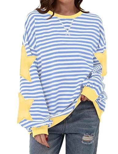 TERIVEEK Women Oversized Striped Color Block Long Sleeve Crew Neck Sweatshirt Casual Loose Pullover Y2K Shirt Top - Image 1
