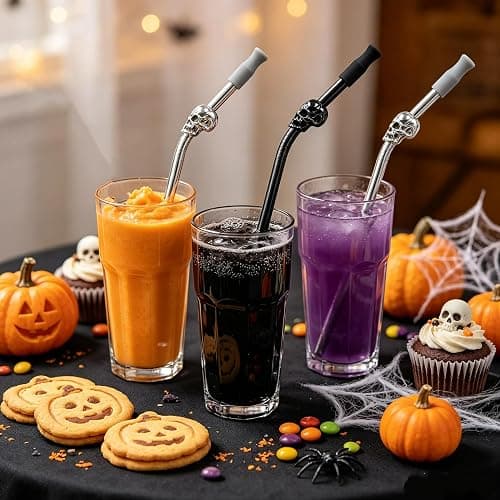 Homestia 8 Pack 10.5'' Reusable Stainless Steel Metal Straws, Skull Decor | Long Drinking Straws, Removable Silicone Tips, with Cleaning Brushes for 30 oz and 20 oz Tumblers, Gothic Halloween Party Use thumbnail 4