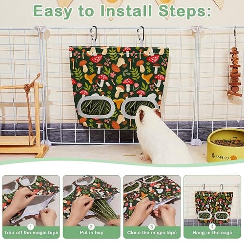 Glittme 2 Pack Guinea Pig Hay Feeder, 11.5x9 Inch Hay Bag for Rabbits, Hanging Hay Holder for Guinea Pigs Cage Hay Feeder for Bunny, Small Pets,Green Mushroom thumbnail 6