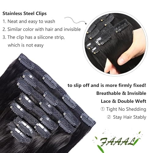 22" Clip in Human Hair Extensions Full Head 200g 10 Pieces 22 Clips 1# Jet Black Double Weft Brazilian Real Remy Hair Extensions Thick Straight Silky (22",200g Jet Black) thumbnail 5