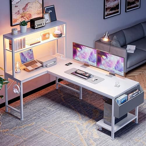 PRAISUN L Shaped Gaming Desk with LED Lights & Power Outlets | Reversible Computer Desk with Storage Shelves & Bag, Large Corner Home Office Desk with Pegboard for Work from Home, White thumbnail 7